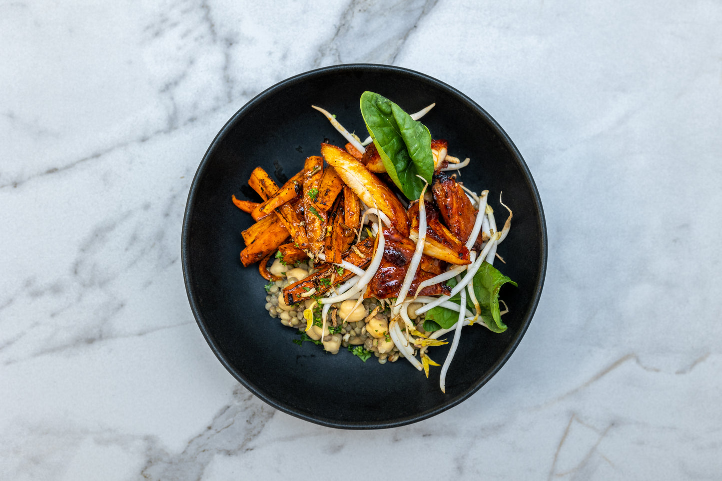 Harissa Roasted Carrot Bowl with Lentils and Chicken