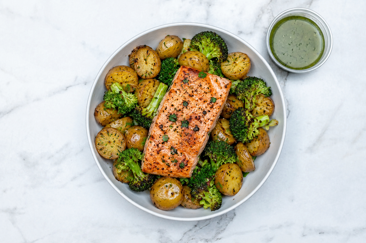 Salmón a la mostaza y miel con patatas tiernas y brócoli