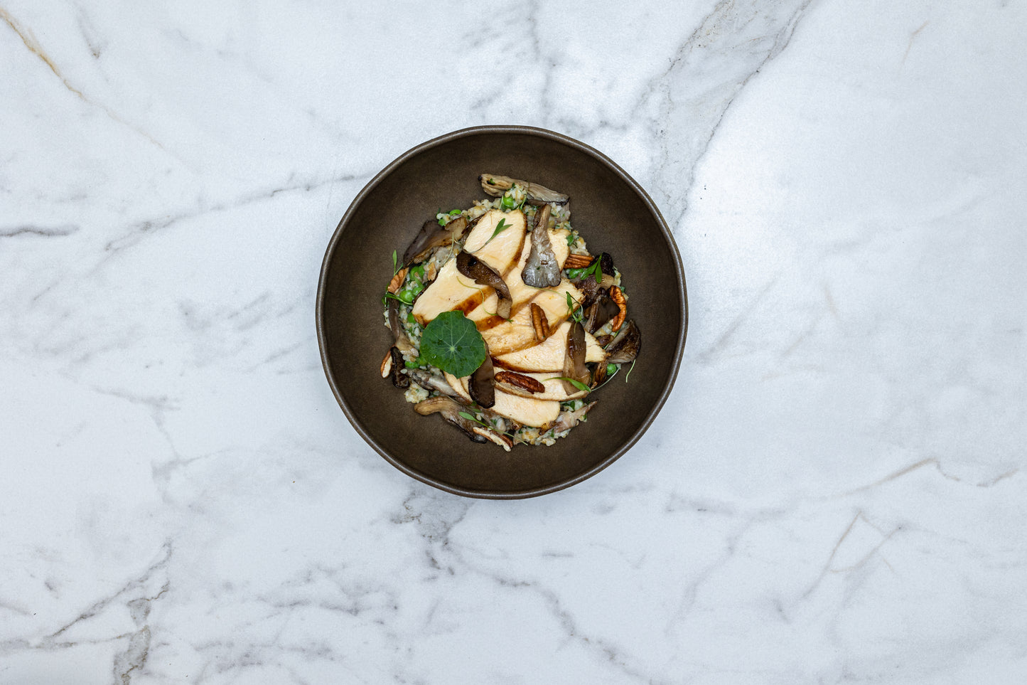 Bulgar Risotto with Grilled Lemon Chicken, Mushrooms, and Green Peas