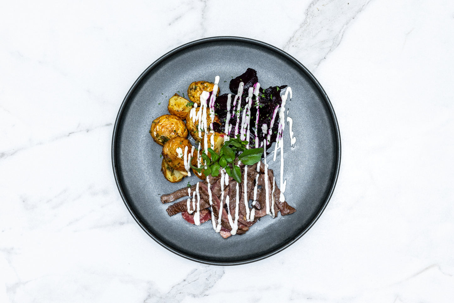 Sirloin with Horseradish Sauce with Balsamic Glazed Beetroots and Baby Potatoes