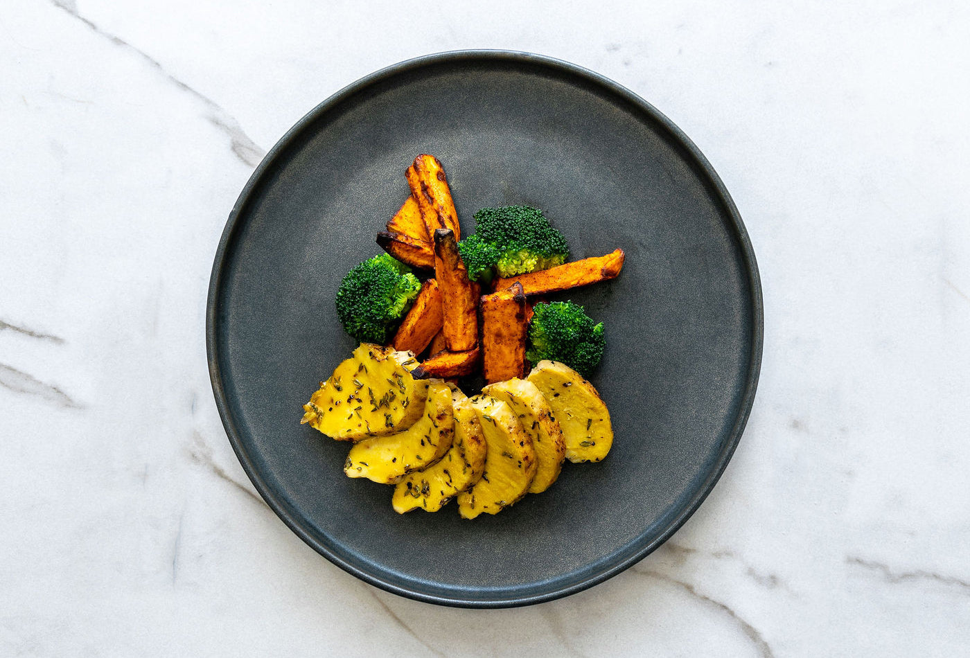 Honey Mustard Glazed Chicken with Spicy Sweet Potato Wedges and Broccoli