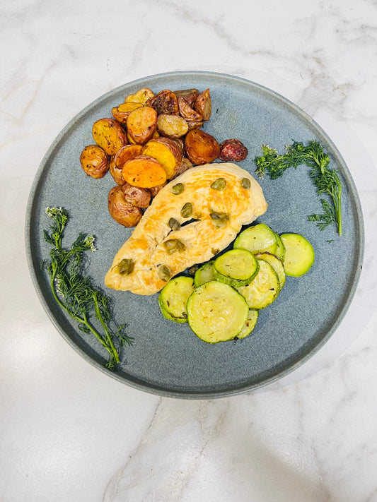 Chicken Picatta with Roasted Baby Potatoes and Zucchini