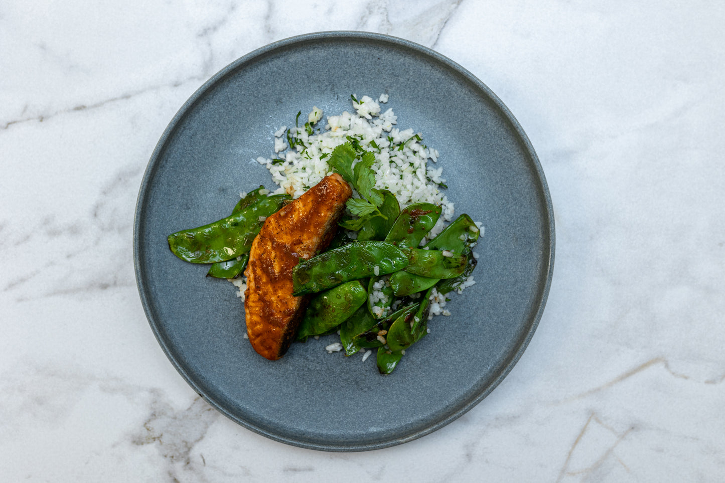 Chipotle Salmon with Cauliflower Cilantro Lime Rice and Snow Peas