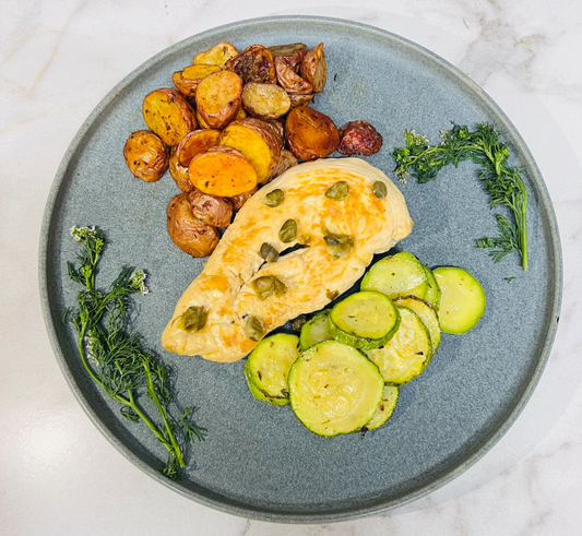 Chicken Picatta with Roasted Baby Potatoes and Zucchini