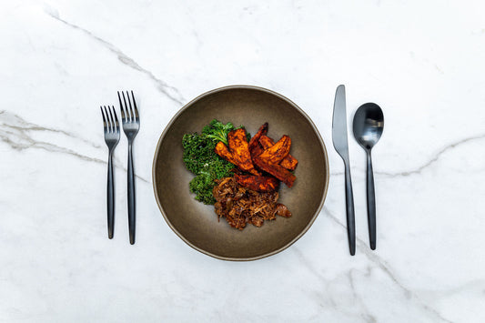 BBQ Pulled Lamb with Spicy Garlic Sweet Potato Wedges and Kale