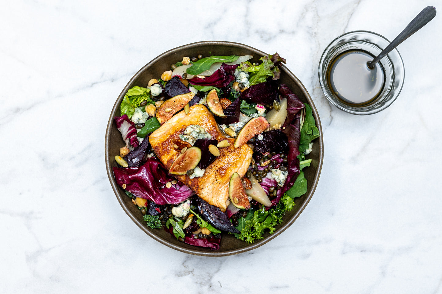 Arugula Salad with Poached Pear and Feta with Honey Balsamic Vinaigrette - Citrus Thyme Salmon