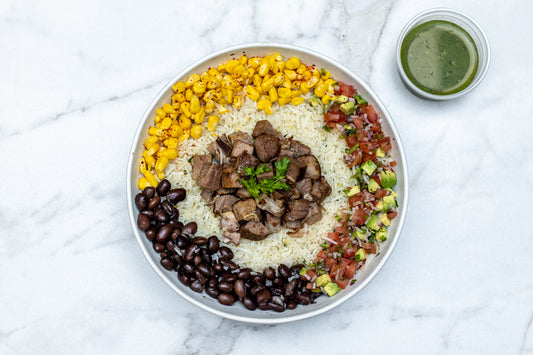 Carnitas Bowl with Cilantro Lime Rice, Corn, Black Beans, and Salsa Verde