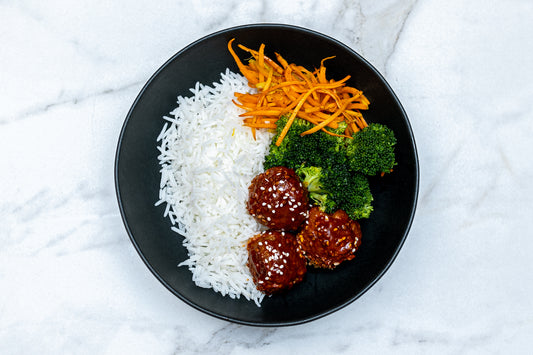 Korean Glazed Beef Balls with Broccoli and Basmati Rice