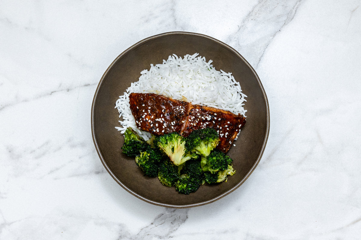 Orange Chipotle Salmon with Cilantro Lime Rice and Grilled Broccoli