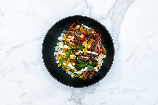 Shawarma Lamb Bowl: Lime Cilantro Rice, Grilled Veggies, Chickpeas, and Tahini Sauce