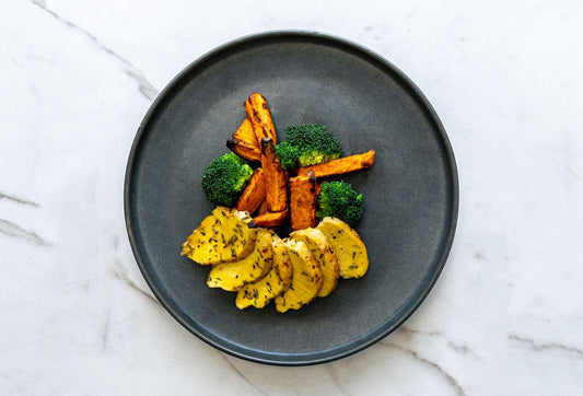 Honey Mustard Glazed Chicken with Sweet Potato Wedges and Broccoli