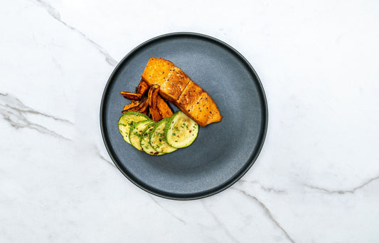 Baked Salmon with Sweet Potato Wedges and Roasted Zucchini